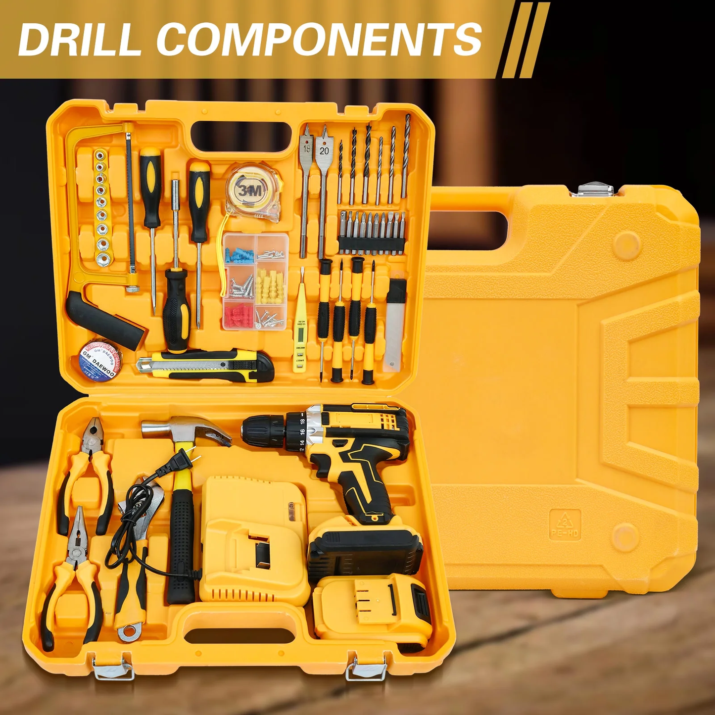 CATGOOD Tool Set with 21V Cordless Drill, 3/8" Electric Drill Set with 2*3.0Ah Batteries and Charger for DIY Screwdriver, 120 PCS, Yellow