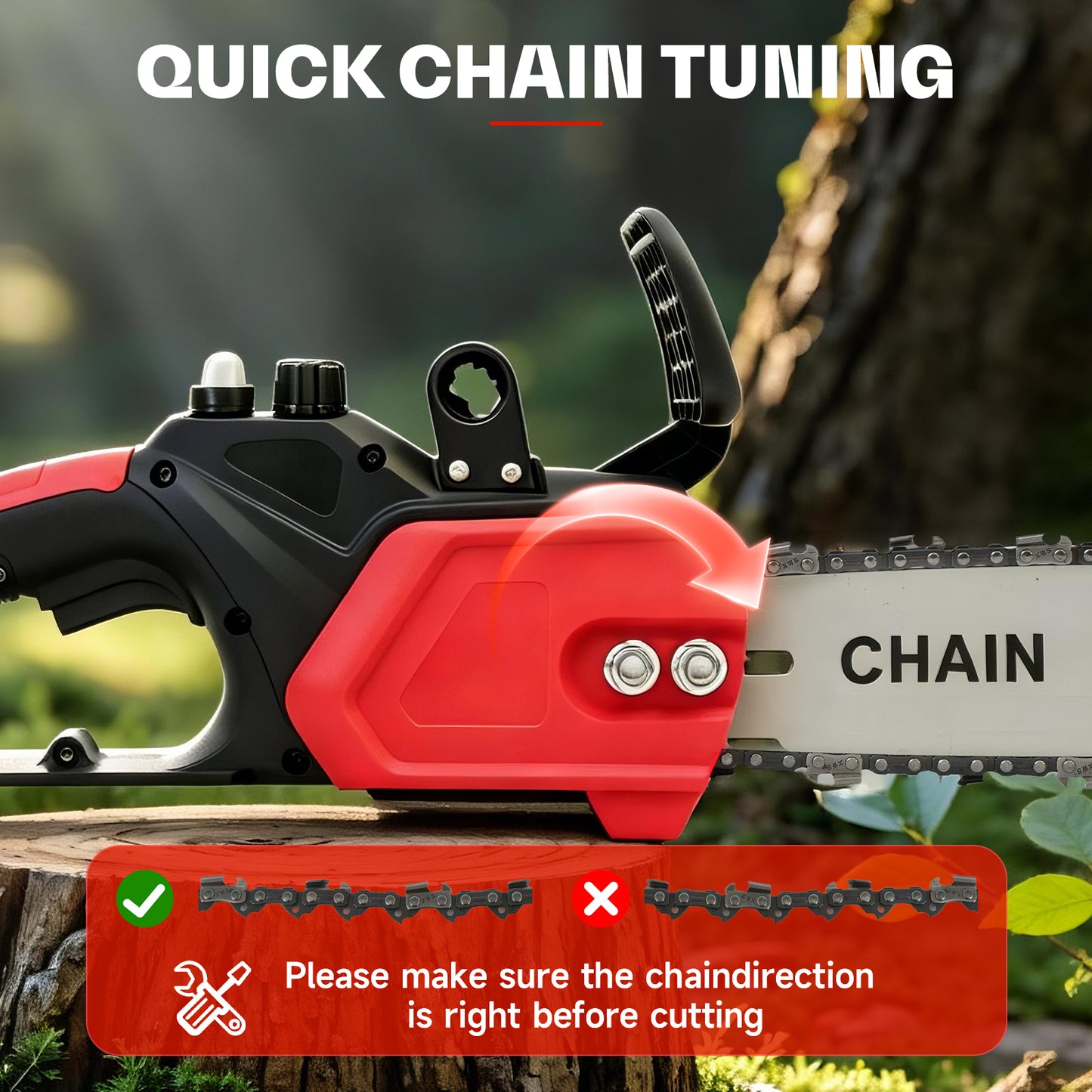 BAOKALER 12" 1800W Cordless Chainsaw, Handheld Electric ChainSaws with 2 x 2.0Ah Batteries & Fast Charger, 3 Chains & 2 Guide Bars, for Wood Cutting, Tree Pruning and Trimming, Red