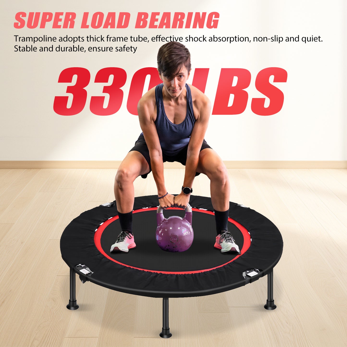 48" Exercise Mini Trampoline, Fitness Rebounder Trampoline for Adults with Adjustable Foam Bar, 330lb, Indoor Trampoline for Adults/Kids