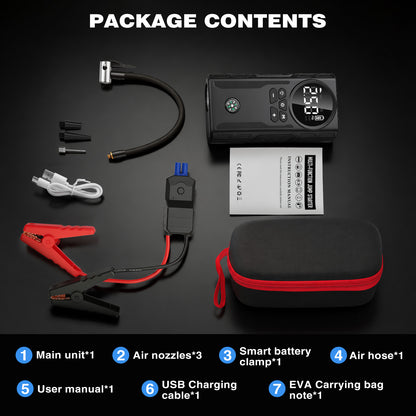 800A Peak Car Battery Jump Starter with Tire Inflator, Portable 6?in?1 Jump Starter with Dual USB Ports & 12V DC Output, 12V Jump Pack with 300?Lumen Tri?Mode SOS LED Light, Black