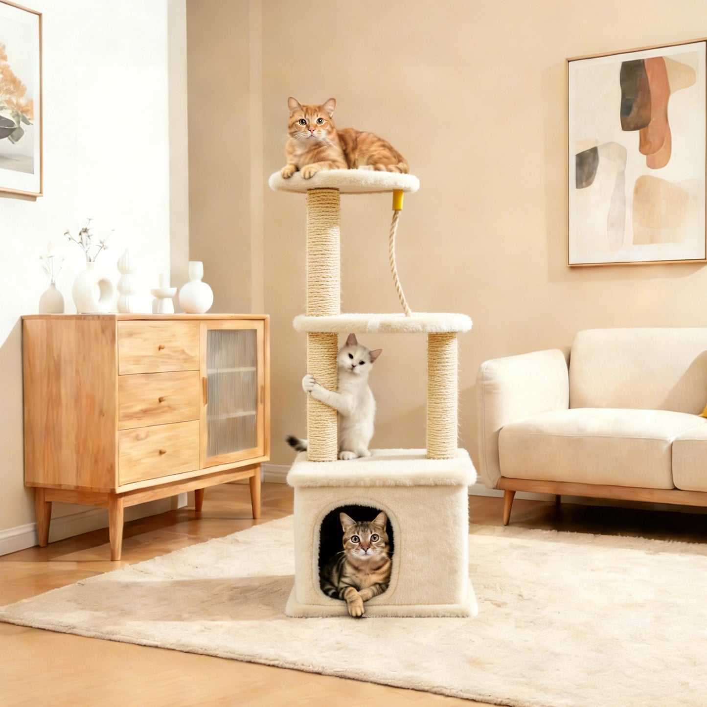 Cat Tree with Condo and Sisal Post, Multi-Level Cat Tower with Top Perchs, Cratching Post for Indoor Cats, Beige