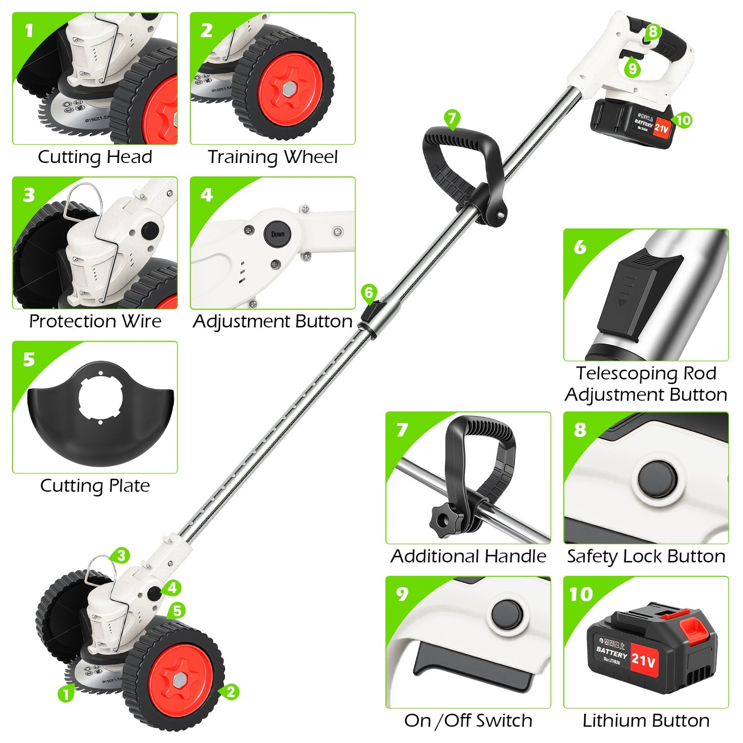 Weed Eaters, Cordless Weed Trimmer with Wheels, 2Pcs 4000mAh Batteries, Adjustable Length, 650W Grass Trimmer/Edger/Brush Cutter for Lawn Yard Garden Maintaining (White)