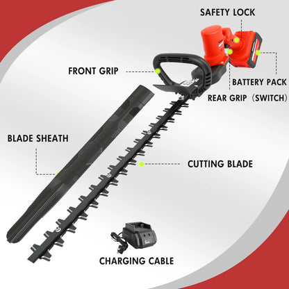 24" Cordless Hedge Trimmer with Rotatable Handle, Brushless Motor Trimmers with 6.0Ah Battery, 3/4" Cutting Capacity, Lightweight & Compact Trimmer for Garden