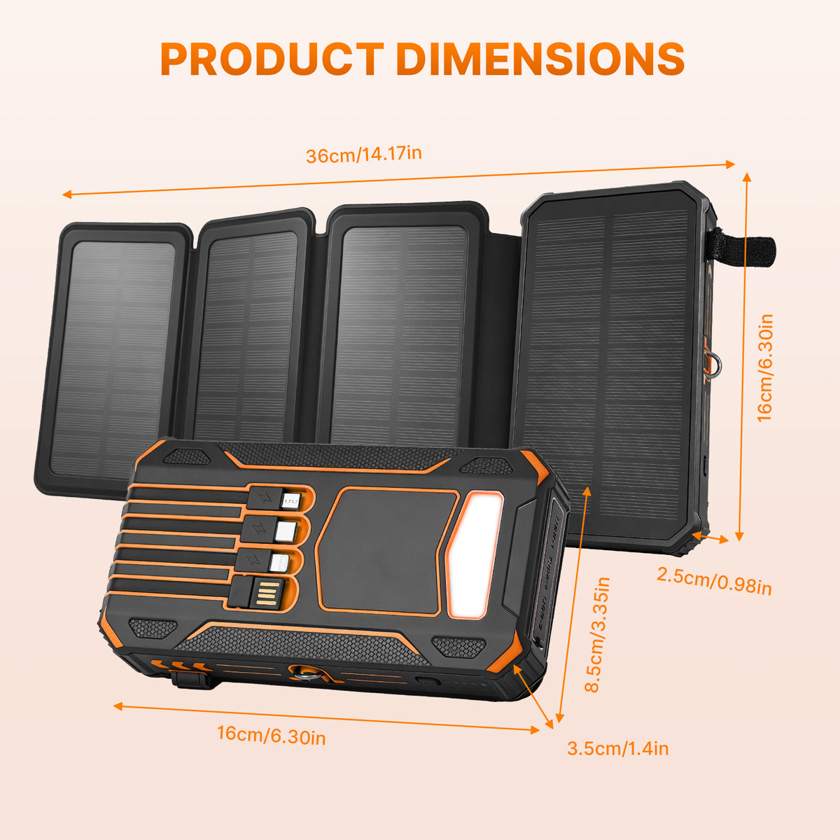 Solar Power Bank 46800mAh, PD15W Fast Charging Solar Charger with 4 Built-in Cables & Wireless Charging, Portable Solar Charger for Cell Phone, Solar Battery Pack for Camping (Orange)