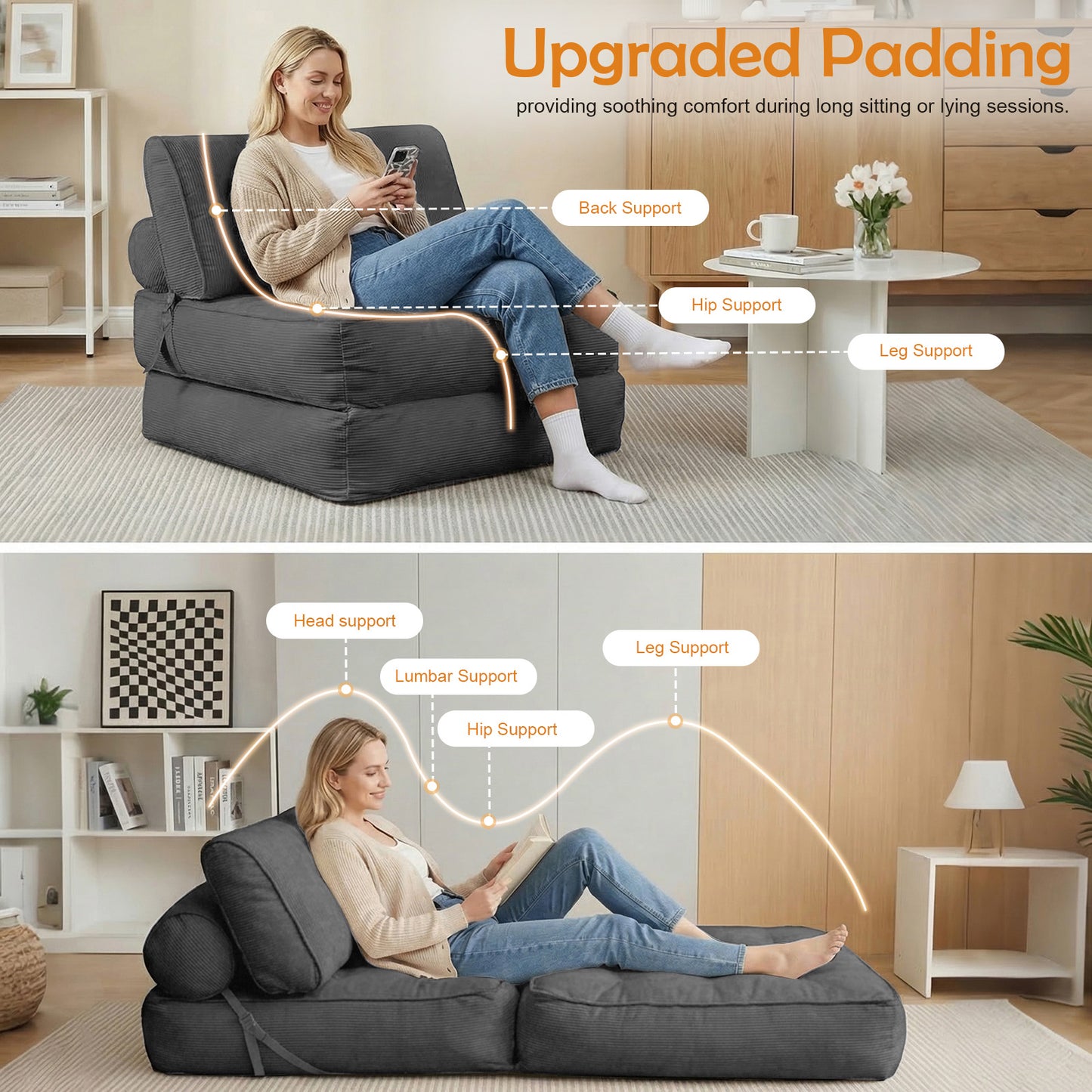 CATGOOD Single Sofa Bed with Pillow, Convertible Sleeper Sofa for Small Spaces, Portable Boneless Small Couch Comfy Floor Sofa Lounge Chair for Living Room, Bedroom, Gray