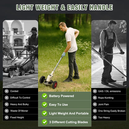 Electric Weed Eater,24V Weed Trimmer with 650W Powerful motor,Low Noise Weed Wackers & Lawn Edger,Wheels and 3 Types Blades Grass Trimmer for Lawn Garden Pruning Trimming