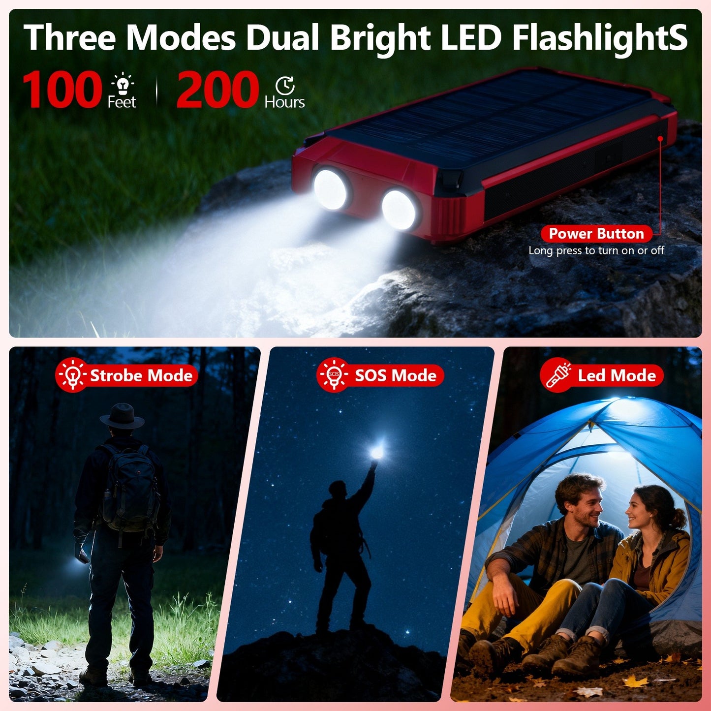 Power Bank Wireless Charger 46800mAh Built in 4 Cables Six Outputs 15W Fast Charging Power Bank for All Mobile Devices Three Inputs Solar Portable Charger with Dual Flashlights, Carabiner(Red)