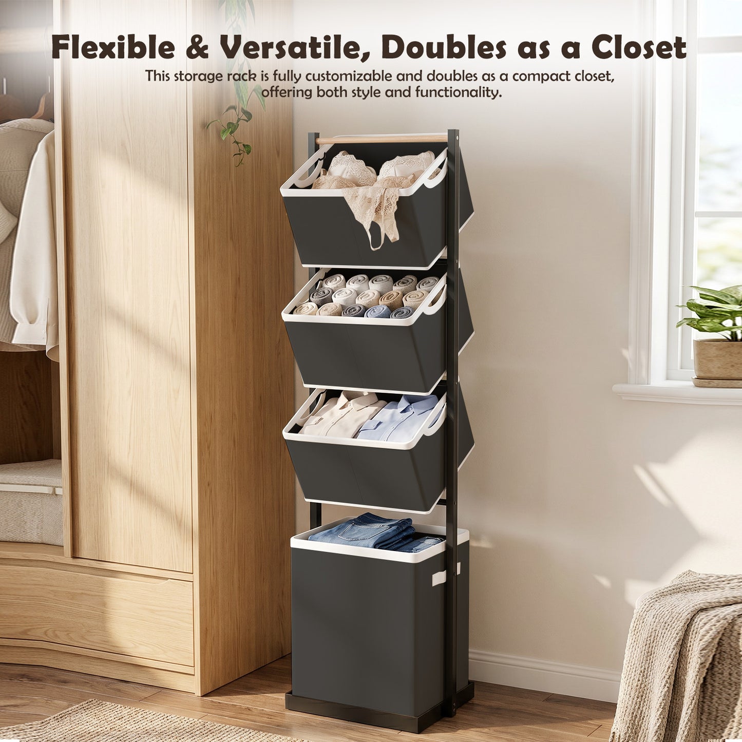 Laundry Hamper, Laundry Basket, 4 Tier Laundry Sorter, Metal Stackable Laundry Basket Organizer with Removable Basket and Removable Bags, 59"x12.6"x15.7" Clothes Organizer Basket, Black