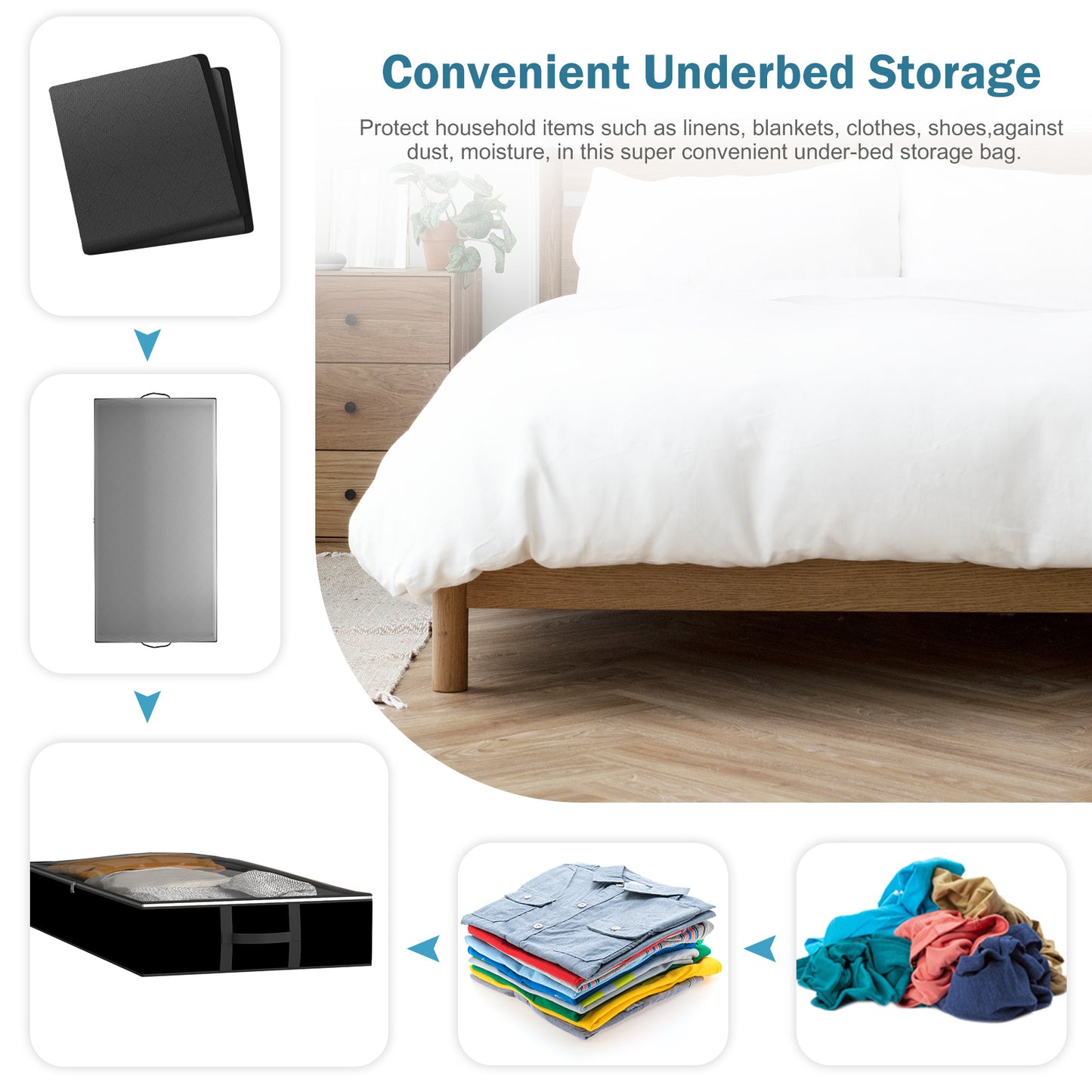 Underbed Storage Bag 90L, 3 Large Bins with Reinforced Handles Foldable Containers, Visible Clothes Storage Bags for Blanket Pillow Quilts, Closet Organizers, Black