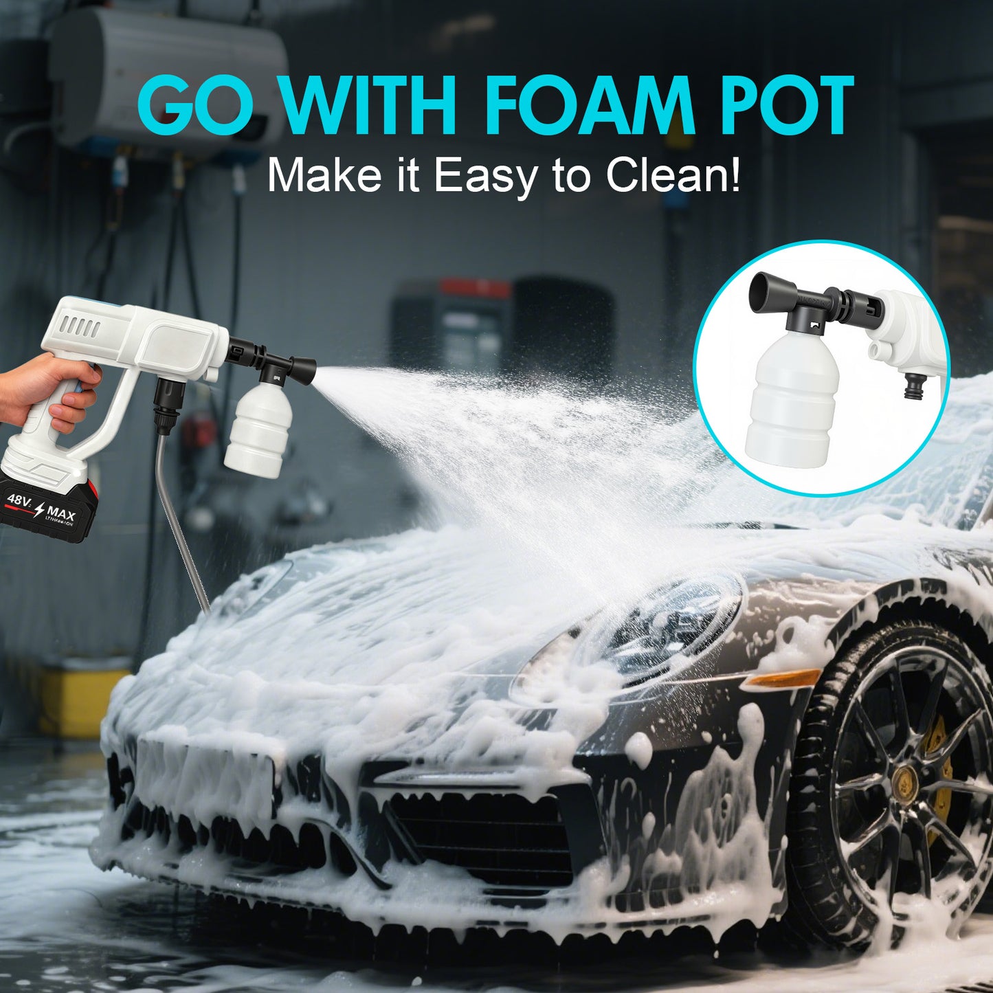 BAOKALER Cordless Pressure Washer, 970PSI Portable Power Washer with 4AH Battery, 6 in 1 Nozzle Electric High Power Washer with Brushless Motor, White