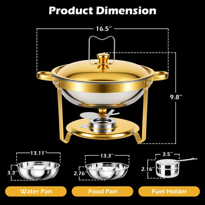 Round Half-Gold Plated Stainless Steel Chafing Dish with Stainless Steel Lid, Buffet Warmer Set, 4-Pack, for Home Gatherings, Christmas Parties, Catering Events