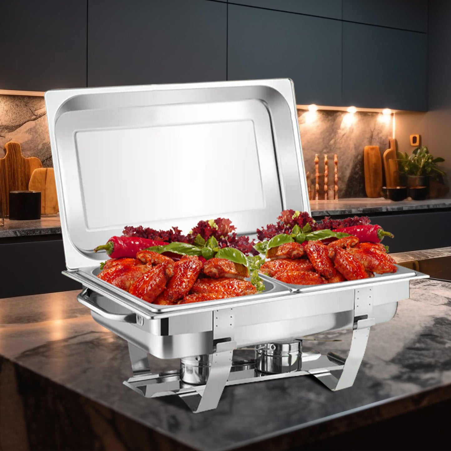 2Pack Chafing Dish Buffet Set, 8QT Buffet Servers and Warmers Chaffing Servers Stainless Steel with 2 Half Size Food Pans, Rectangular Food Warmers for Parties Buffets