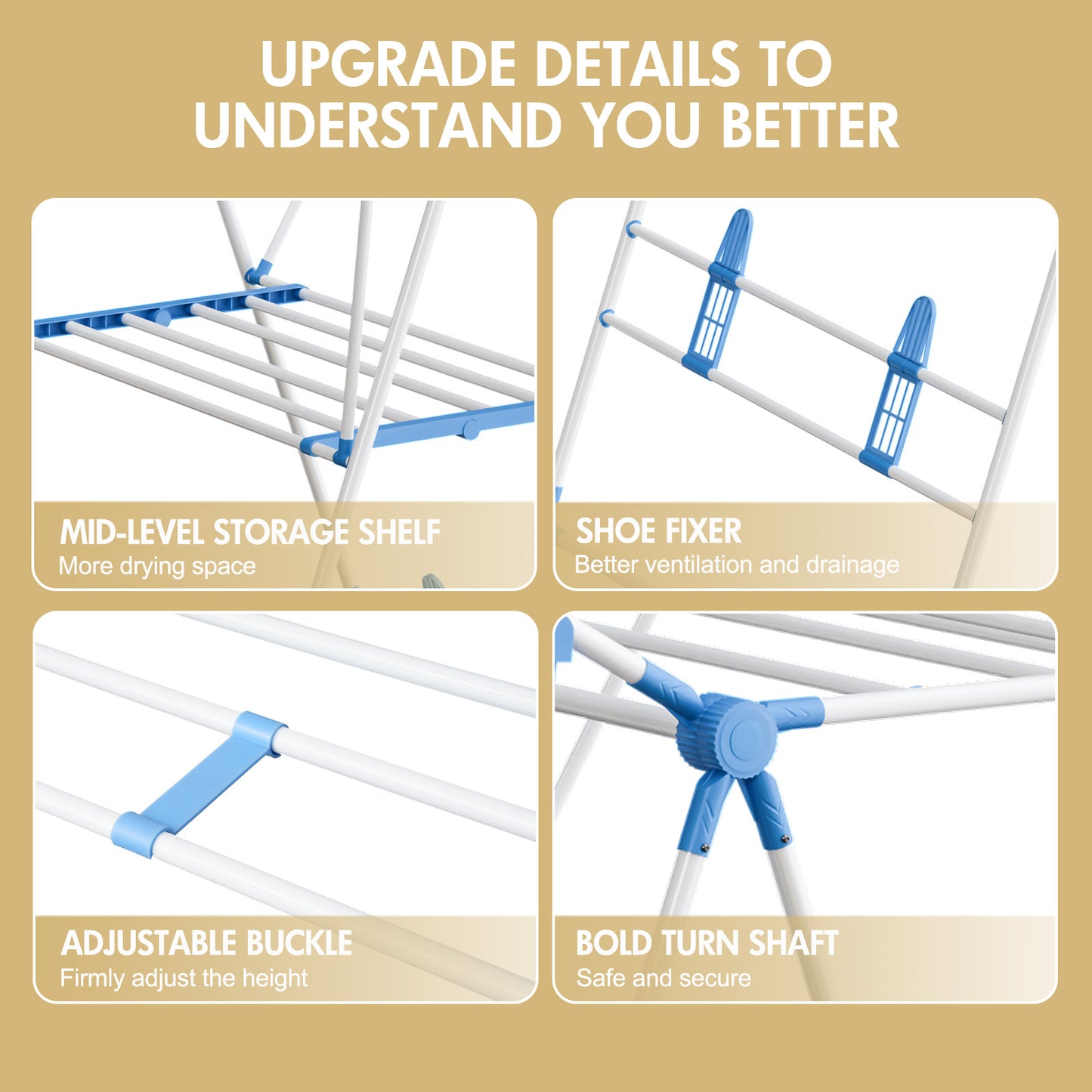 Clothes Drying Rack, 2 Level Foldable Laundry Rack, Rustproof Laundry Clothing Drying Hanger with Height-Adjustable Wings, Space Saving Clothes Garment Dryer, Blue