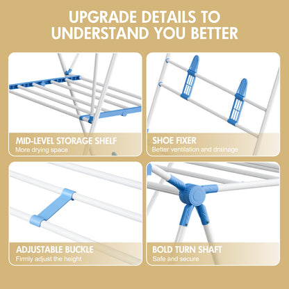 Clothes Drying Rack, 2 Level Foldable Laundry Rack, Rustproof Laundry Clothing Drying Hanger with Height-Adjustable Wings, Space Saving Clothes Garment Dryer, Blue