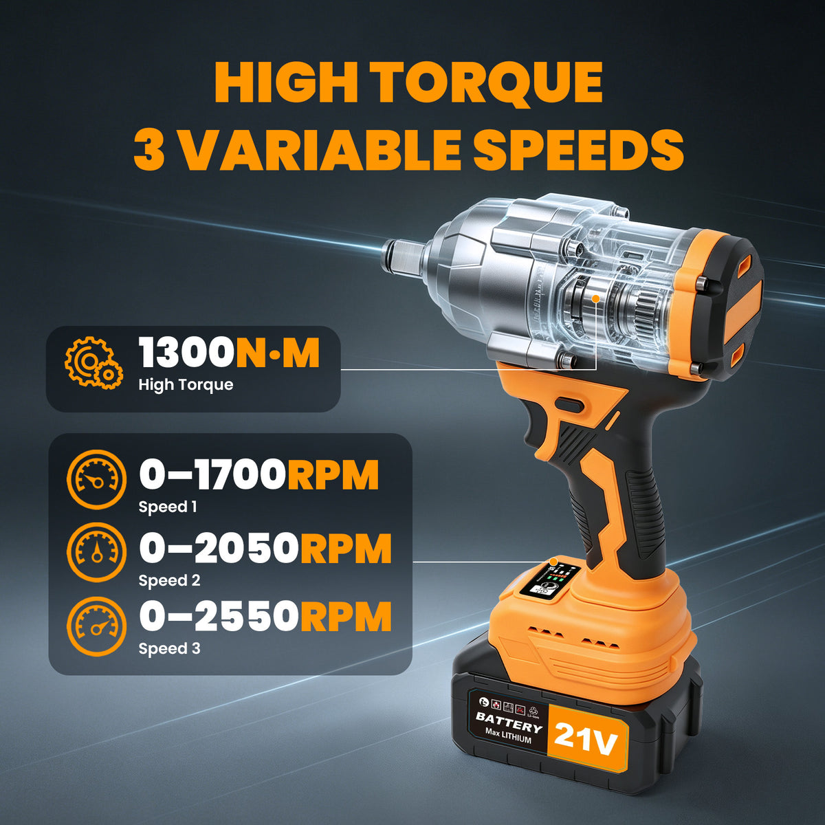 1000Nm Cordless Impact Wrench, 21V Impact Wrench 1/2 inch, High Efficiency Brushless Motor with Fast Charger and 2 x 3.0Ah Battery
