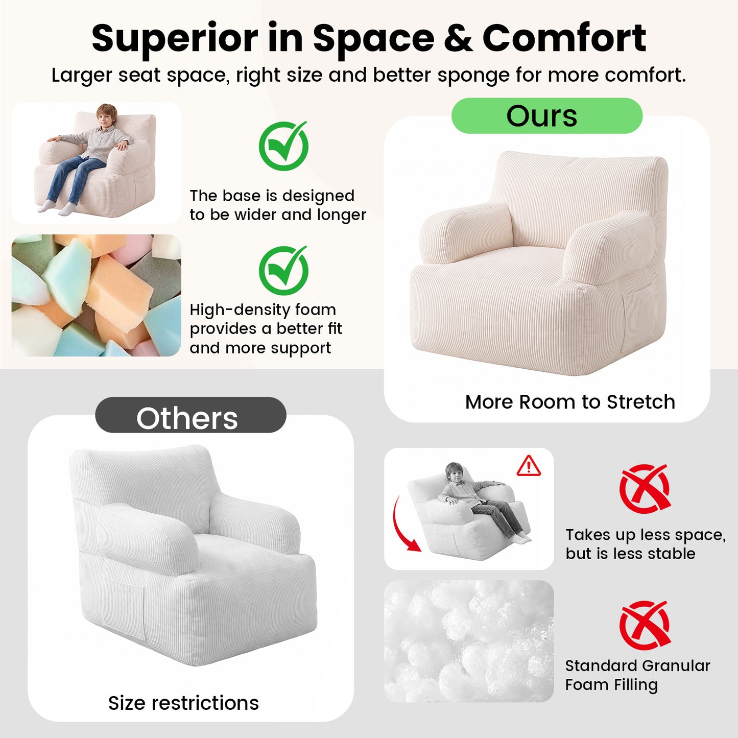 BAOKALER Kids Bean Bag Chair, Filled with Memory Foam, Toddler Kids Floor Lazy Sofa with Side Pocket, Lightweight Comfort Lounge Chair for Gaming, Reading, Relaxing, Beige