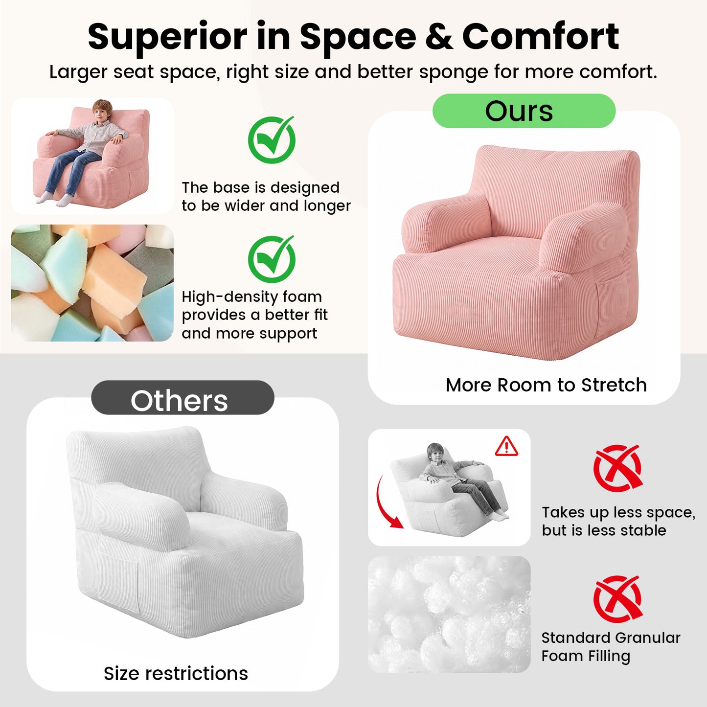 BAOKALER Kids Bean Bag Chair, Filled with Memory Foam, Toddler Kids Floor Lazy Sofa with Side Pocket, Lightweight Comfort Lounge Chair for Gaming, Reading, Relaxing, Pink