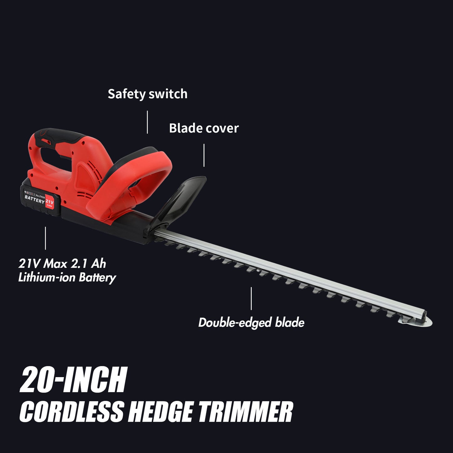 20 inch Cordless Hedge Trimmer, Electric Hedge Trimmer with 21V 3.0Ah Battery and Charger for Shrub and Bush Cutting and Trimming