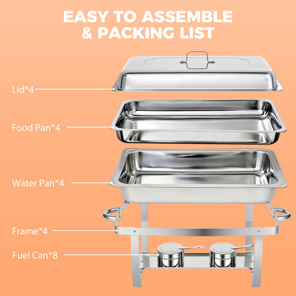 BAOKALER 4 Pack 9QT Foldable Chafing Dish Buffet Set, Stainless Steel Rectangular Food Warmer, Silver Catering Server for Party Banquet Home Use