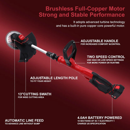 BAOKALER Cordless Brussless Weed Eaters with 4.0Ah 10C Battery, 18000RPM Grass String Trimmer for Wood Cutting Grass Cutting