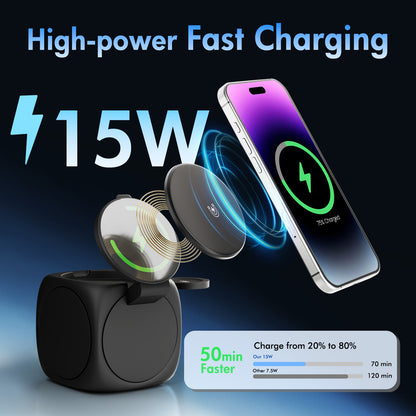 Foldable Magnetic Wireless Charger for iPhone Airpods iWatch, Portable 3 in 1 Charging Station Cube For Apple Multiple Devices - Travel Charging Pad Dock Compatible with Apple 12 and above series