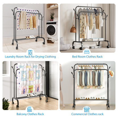 Clothes Rack with Wheels, Double Rods Clothing Rack for Hanging Clothes, Heavy Duty Garment Racks for Hanging Clothes, 4 Hooks, Multi-functional Bedroom Clothes Rack, Black