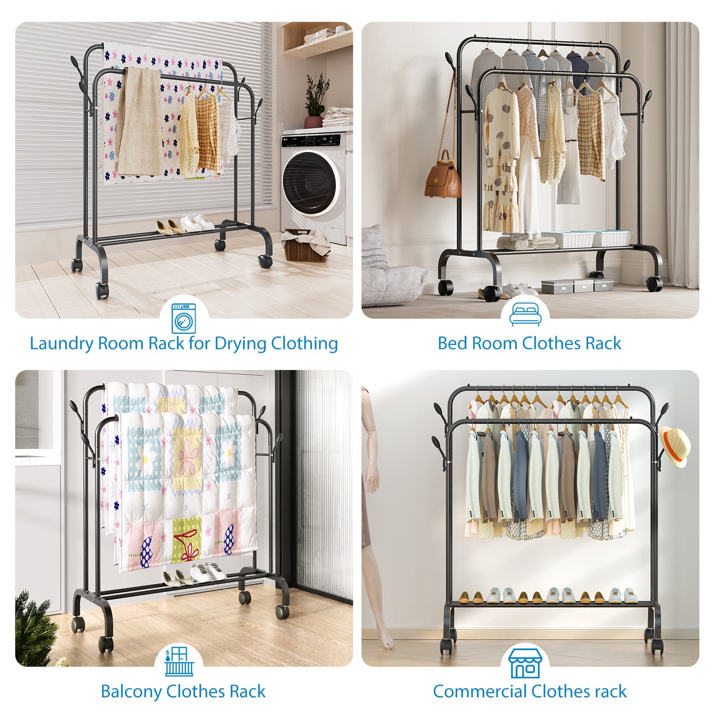 Clothes Rack for Hanging Clothes, Double Rods Clothes Rack with Wheels, Multi-functional Clothing Rack for Bedroom, 4 Hooks