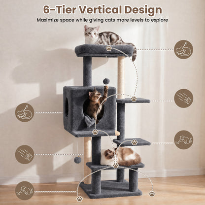 Sturdy 40-inch Cat Tree Tower with Cat Cave & Ramp Steps - Multi-Level Play & Sleep Center for Large Indoor Cats, Dark Gray