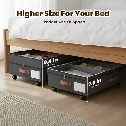 Under Bed Storage with Wheels, 2 Packs Large Underbed Organizer with Lid, 10'' Adjustable Height Shoes Containers Clothes Rolling Bin for Bedroom Dorm, Black