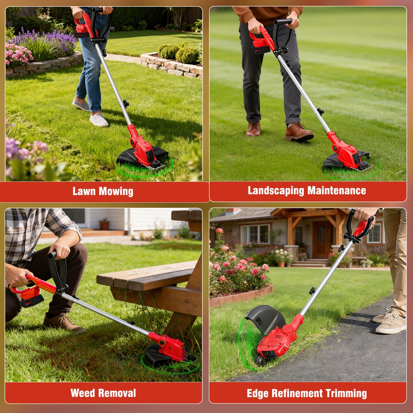 CATGOOD 4AH String Trimmer and Lawn Edger 2 in 1, 12" Cordless Weed Eater with Auto Line Feed, Weed Trimmer with 2 Batteries, Red