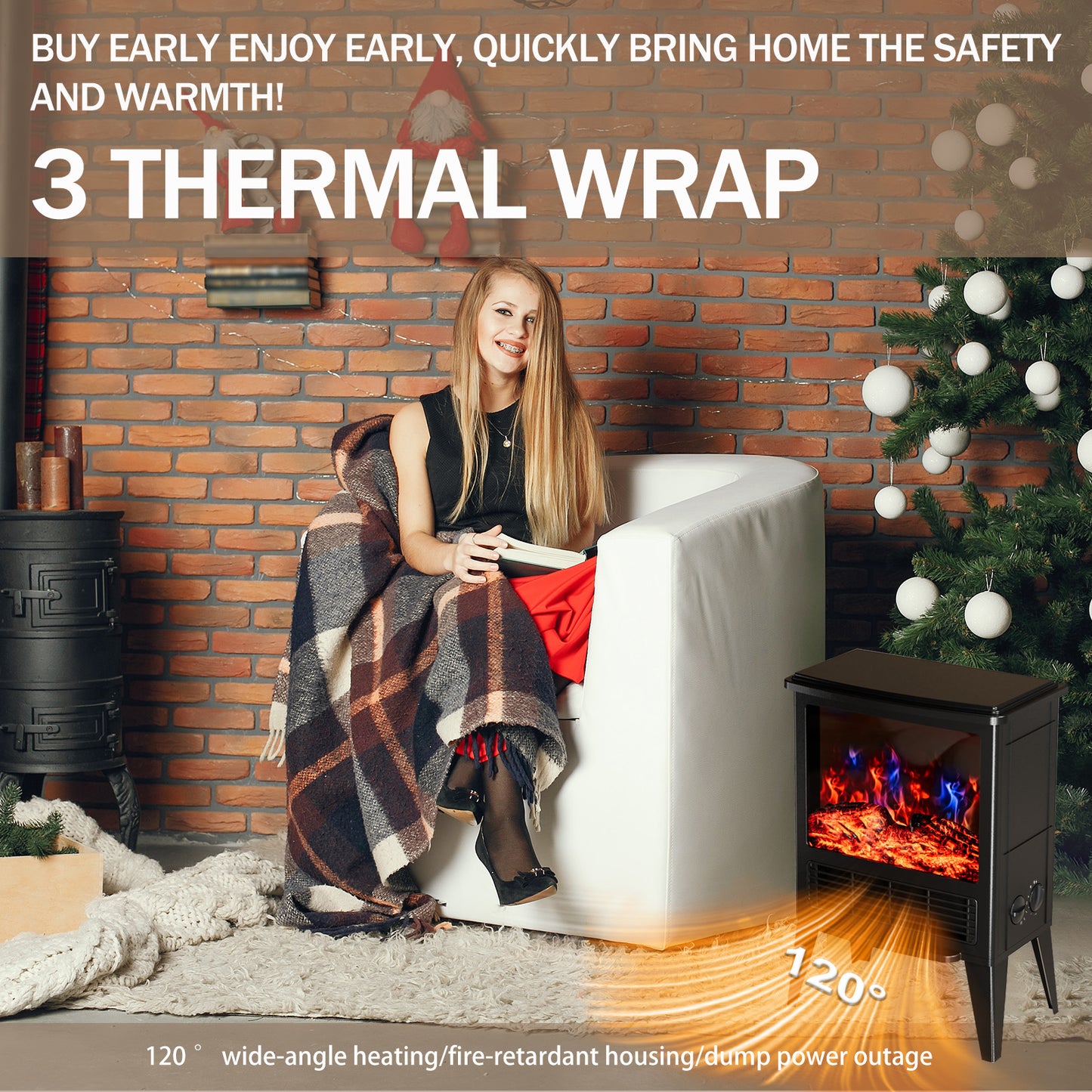 1500W Electric Fireplace, Infrared Fireplace Heater Stove with 3D Realistic Flame, Electric Heater with Overheat Safety Design and Adjustable Heating Modes for Home Bedroom Office, Black