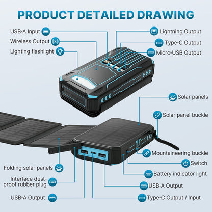Solar Power Bank 46800mAh, PD15W Fast Charging Solar Charger with 4 Built-in Cables & Wireless Charging, Portable Solar Charger for Cell Phone, Solar Battery Pack for Camping (Blue)