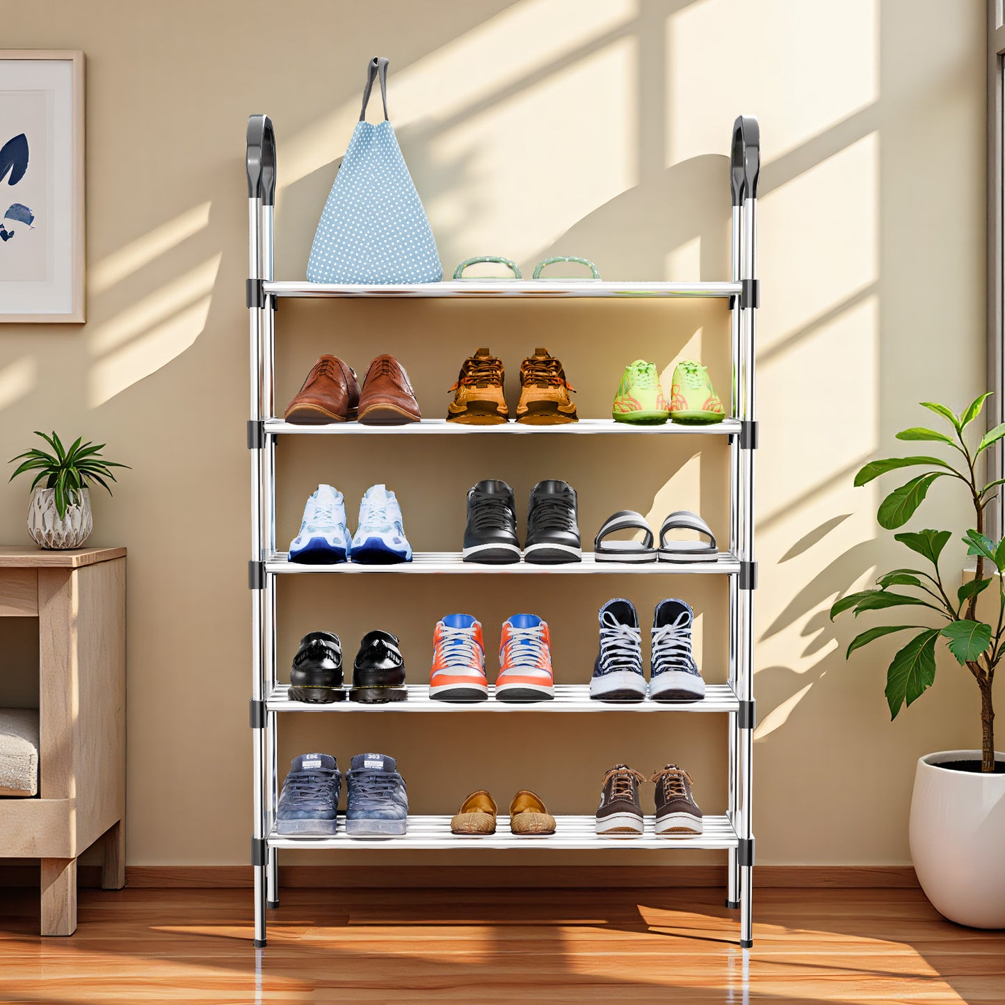 5-Tier Shoe Storage Organizer, Multifunctional Metal Shoe Rack for Entryway, Easy-to-Assemble, Silver and Black