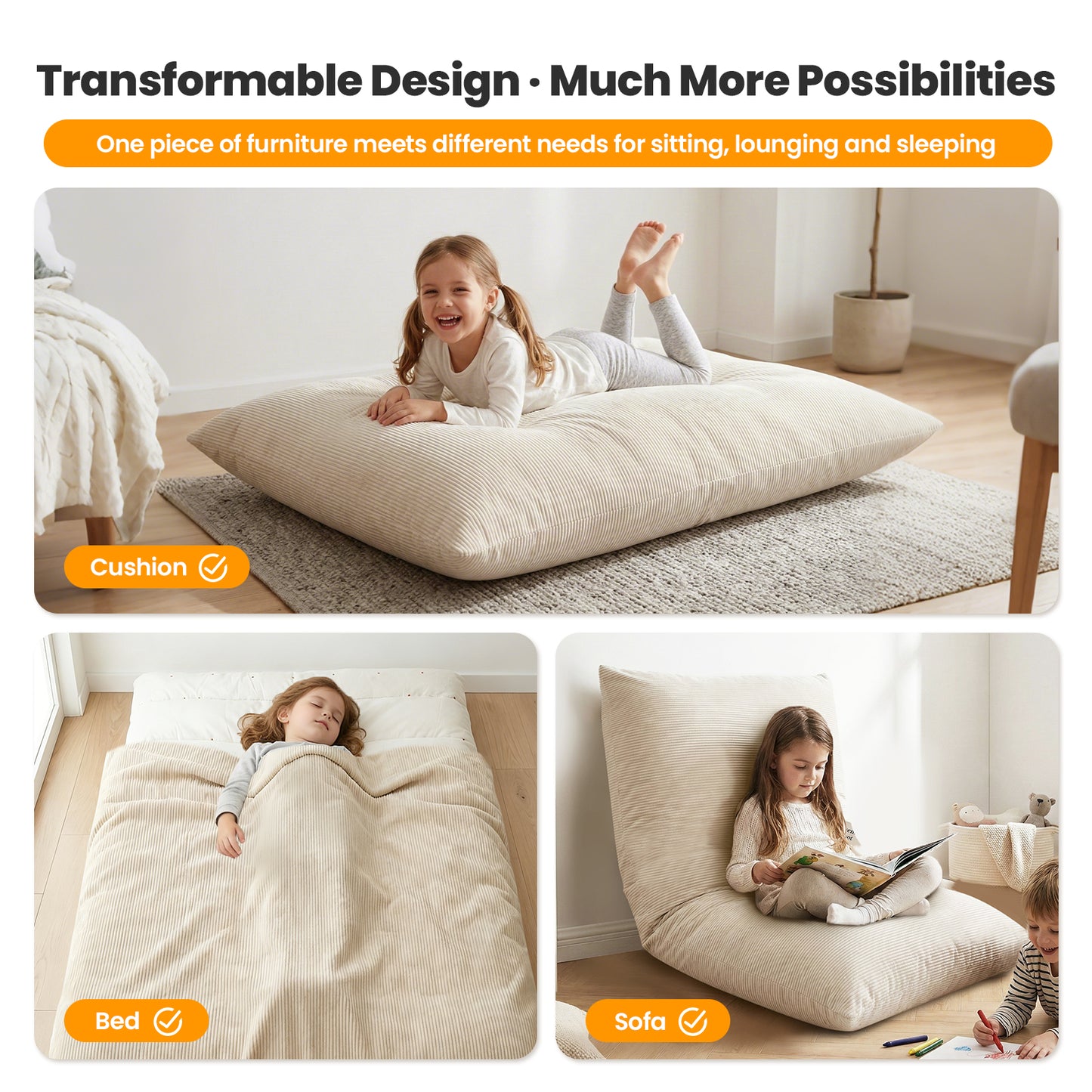 CATGOOD 3-in-1 Bean Bag Chair for Kids Adults, Convertible kids chair with Skin Friendly Fabric for Living Room, Bedroom, White