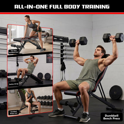 Adjustable Weight Bench with 7 Level Backrest, 4 Level Seat, 3 Level Leg Extension, Foldable Dumbbell Workout Bench for Home Gym, Incline Decline Positions for Full Body Strength Training, Black