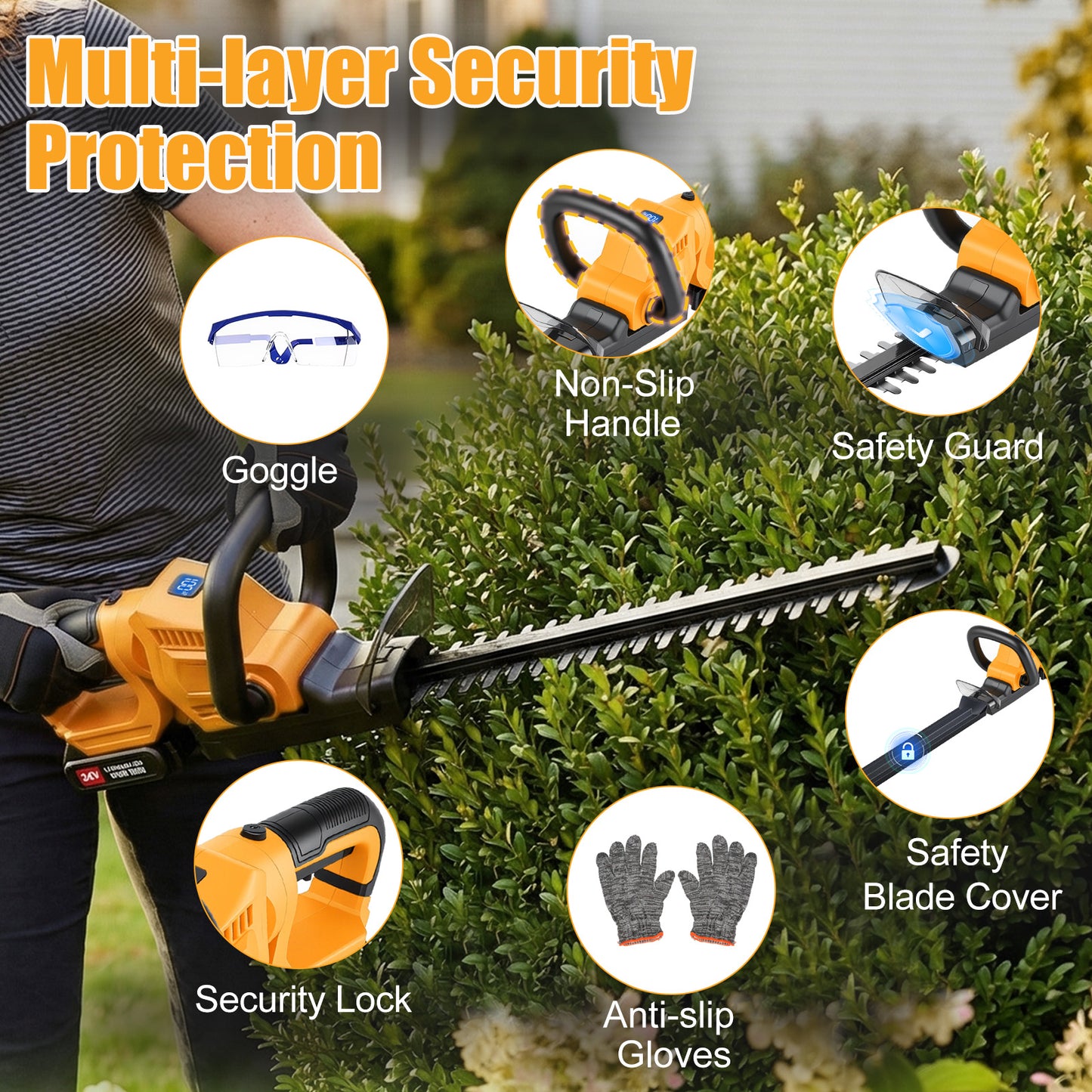 22" Cordless Hedge Trimmer with 180～ Rotatable Head, 21V Electric Bush Trimmer with 2 x 2000mAh Batteries, 1000W 24000r/min Motor, 70Mn Steel Blade for Garden Yard, Yellow
