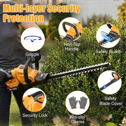 22" Cordless Hedge Trimmer with 180～ Rotatable Head, 21V Electric Bush Trimmer with 2 x 2000mAh Batteries, 1000W 24000r/min Motor, 70Mn Steel Blade for Garden Yard, Yellow