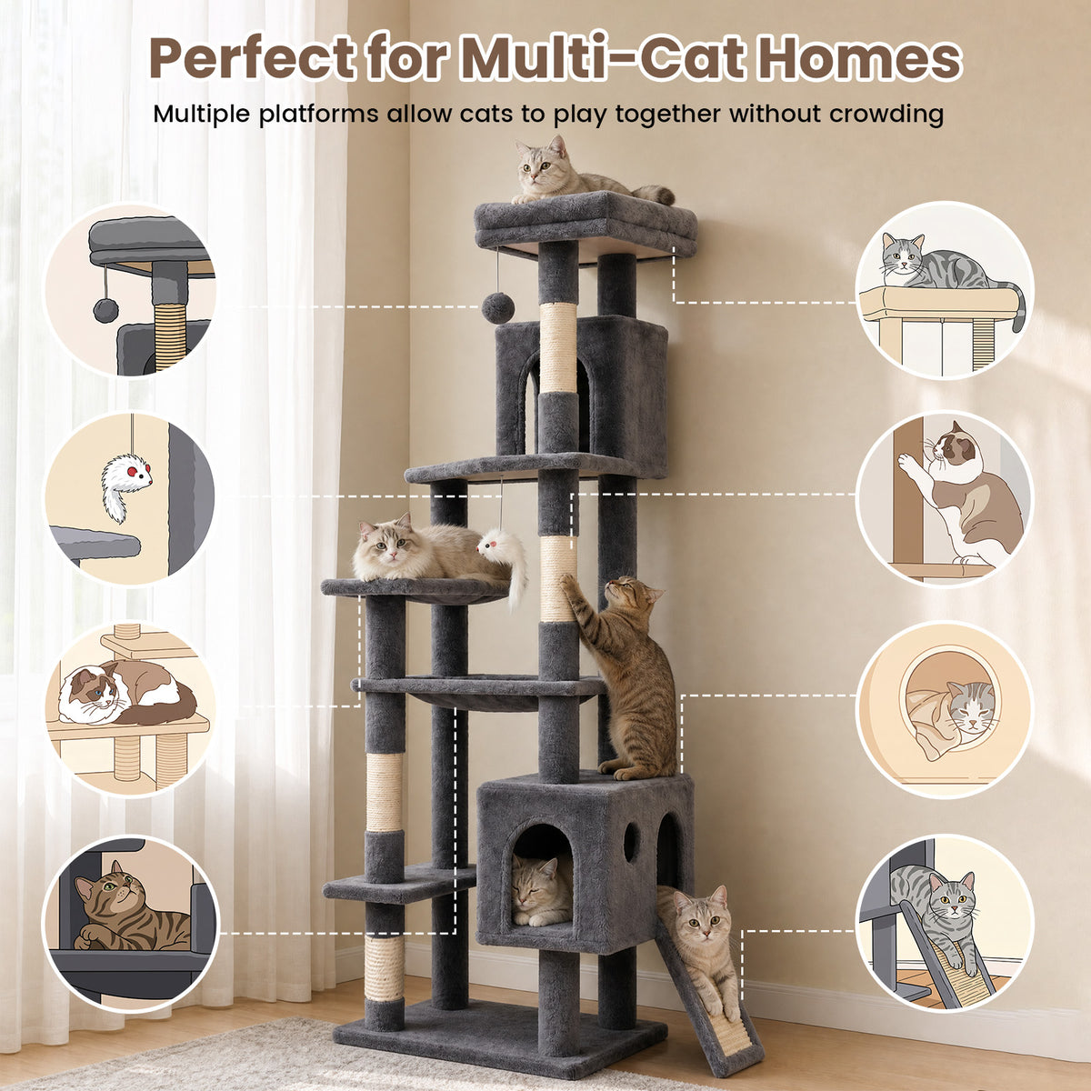 70" Cat Tree Tower, Heavy Duty Cat Tower for Multiple Adult Cats, Multi-Level Tall Cat Tree with 2 Condos, Hammock and Scratching Post for Indoor Kitties, Dark Grey