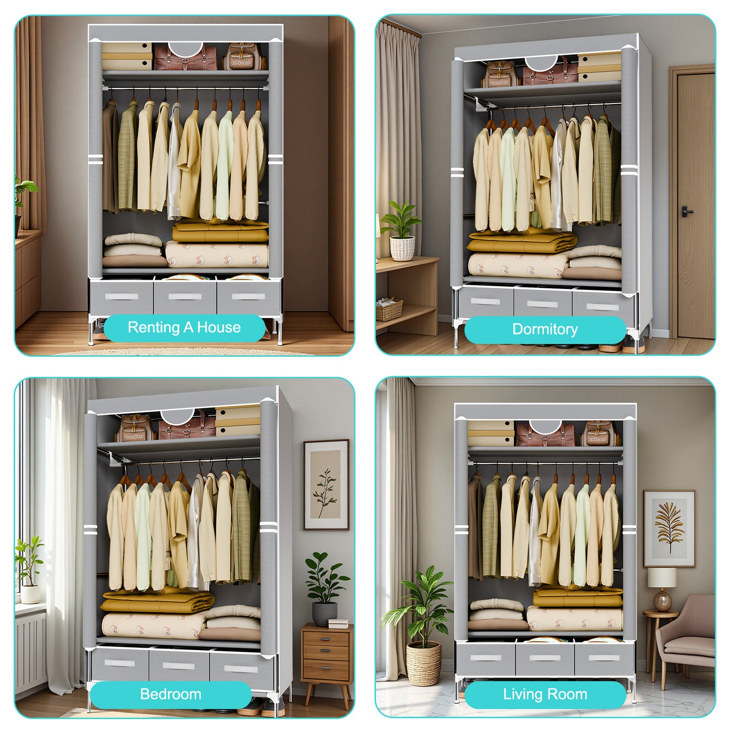 Simple & Portable Non-Woven Fabric Wardrobe with Hanging Space for Coats and Bags, Sturdy & Easy to Assemble, Includes 3 Storage Drawers, Ideal for Rentals, Dorms, Bedrooms, Gray