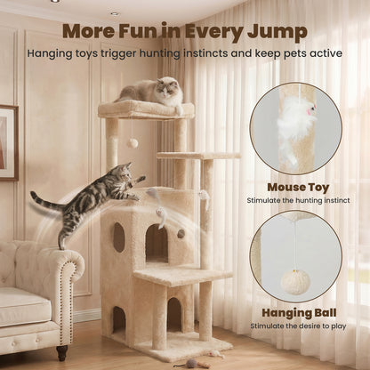 50-inch Large Cat Tree for Adult Cats, Multi-Level Cat Condo with 2 Cozy Caves, Steps, Sisal Scratching Posts & Toys, Beige