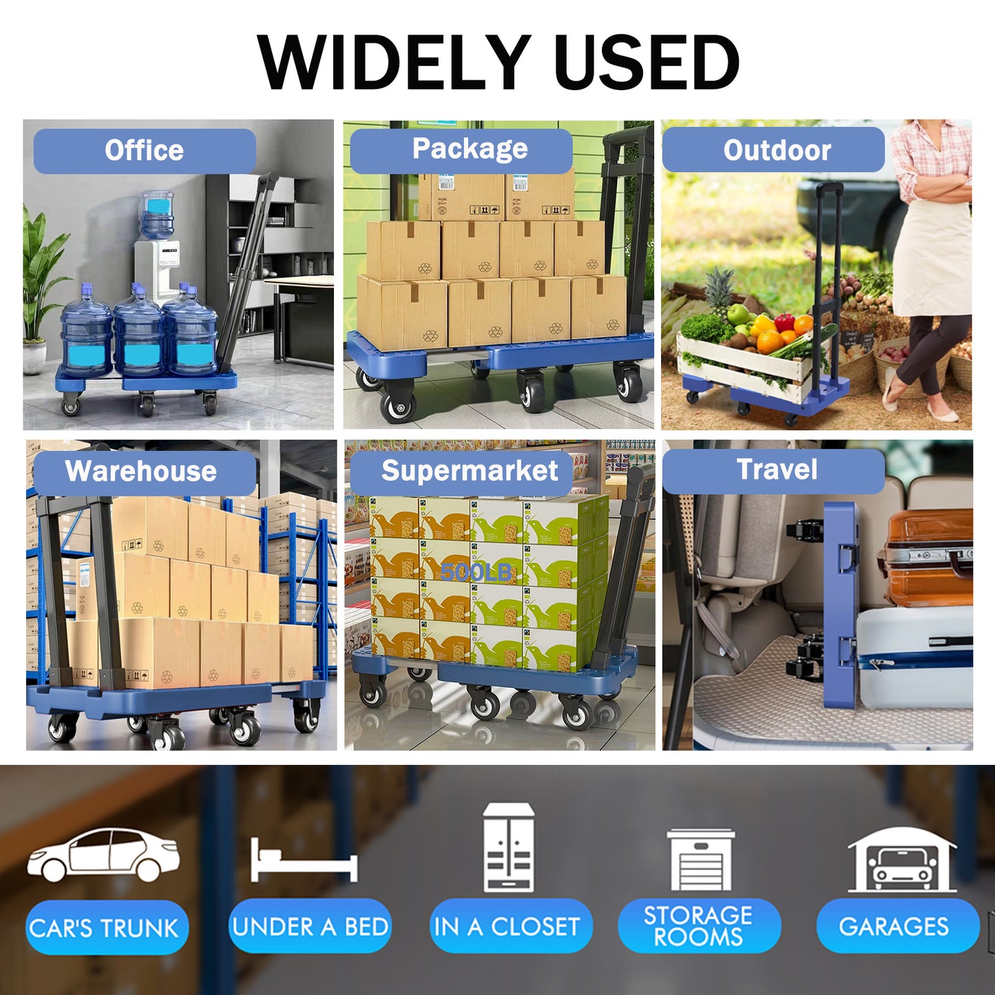 Folding Hand Truck, Heavy Duty Dolly Cart, Push Dolly Cart Foldable Platform with 6 Wheels, Blue