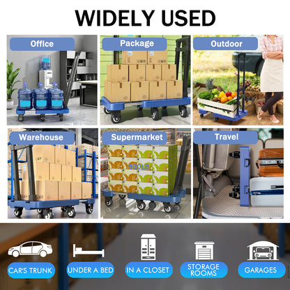 BAOKALER Folding Hand Truck, Heavy Duty Dolly Cart, Push Dolly Cart Foldable Platform with 6 Wheels, Blue