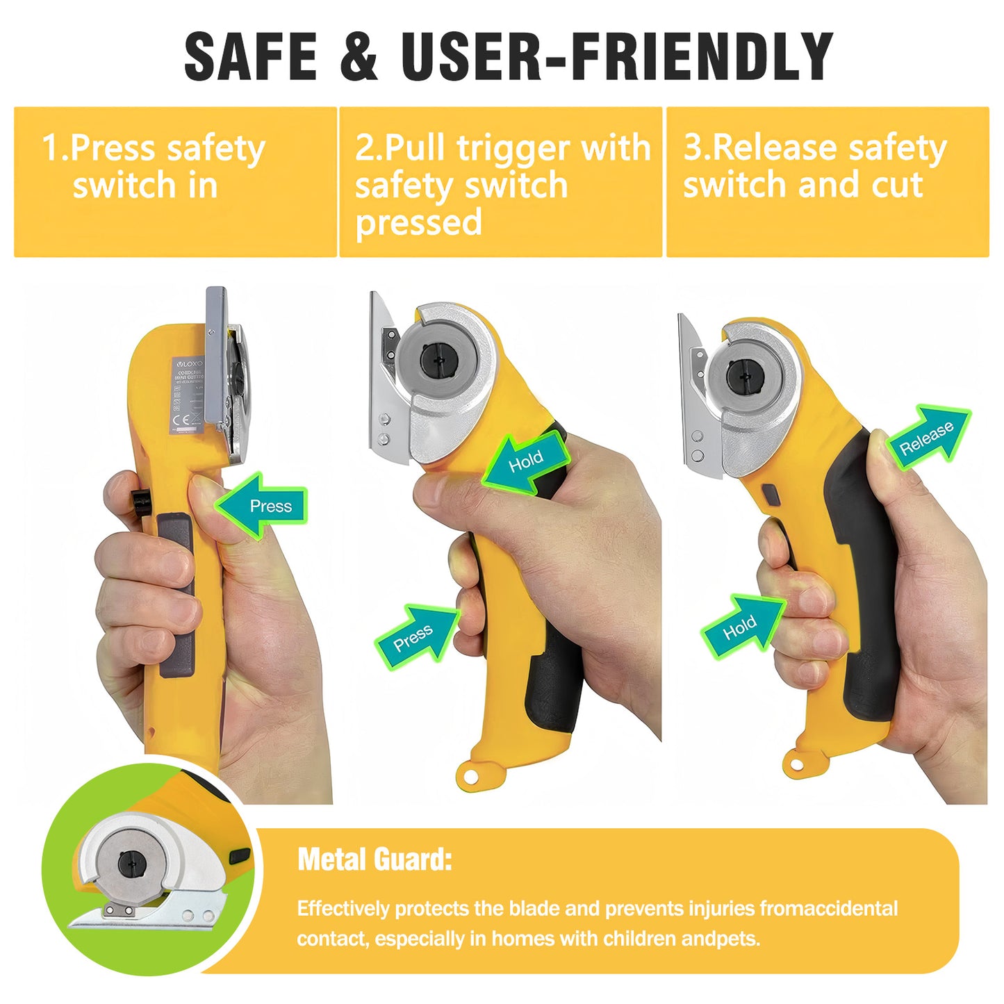 Cordless Electric Scissors, Cardboard Cutter, Rechargeable Powerful 4V Scissor Cutting Tool for Cardboard, Fabric, Leather, Yellow