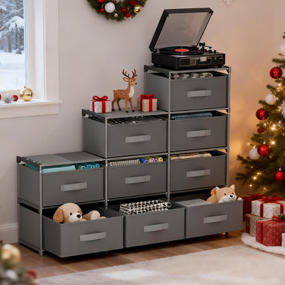BAOKALER Non-Woven Fabric Multi-Functional Storage Cabinet, 9-Drawer Open Storage Shelf, 10.24×47.24×34.65 Inches, for Bedroom, Living Room, Hallway, Gray