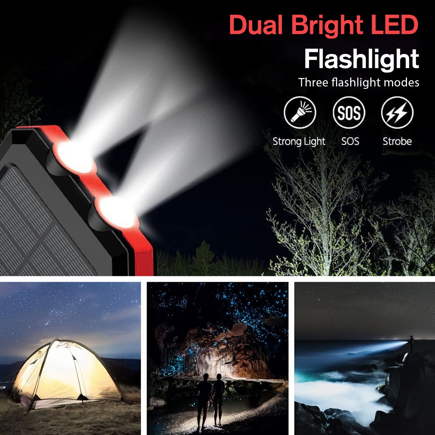 2PK BAOKALER 30000mAh Solar Charger for Cell Phone iPhone, Portable Solar Power Bank with Dual 5V USB Ports, 2 Led Light Flashlight, Compass Battery Pack for Outdoor Camping Hiking(Red)