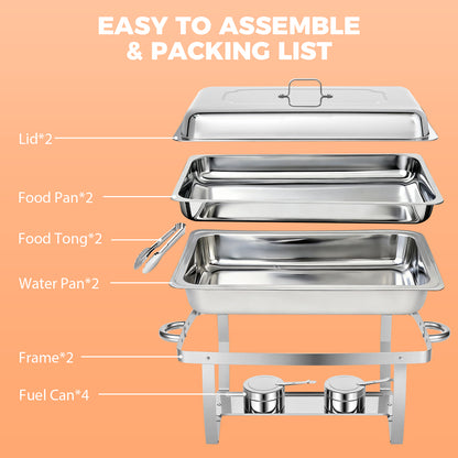 BAOKALER 2 Pack 9QT Chafing Dish Buffet Set Stainless Steel Food Warmer Chafer Complete Set with Water Pan, Chafing Fuel Holder for Party Catering