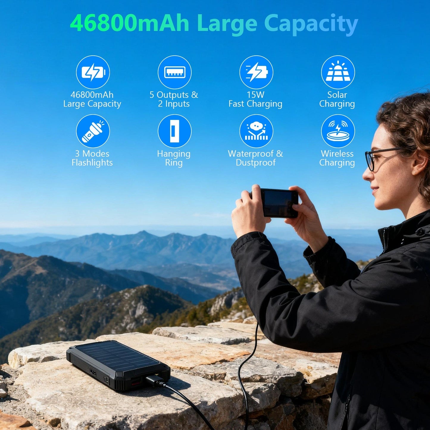 Power Bank Wireless Charger 46800mAh Built in 4 Cables Six Outputs 15W Fast Charging Power Bank for All Mobile Devices Three Inputs Solar Portable Charger with Dual Flashlights, Carabiner(Black)