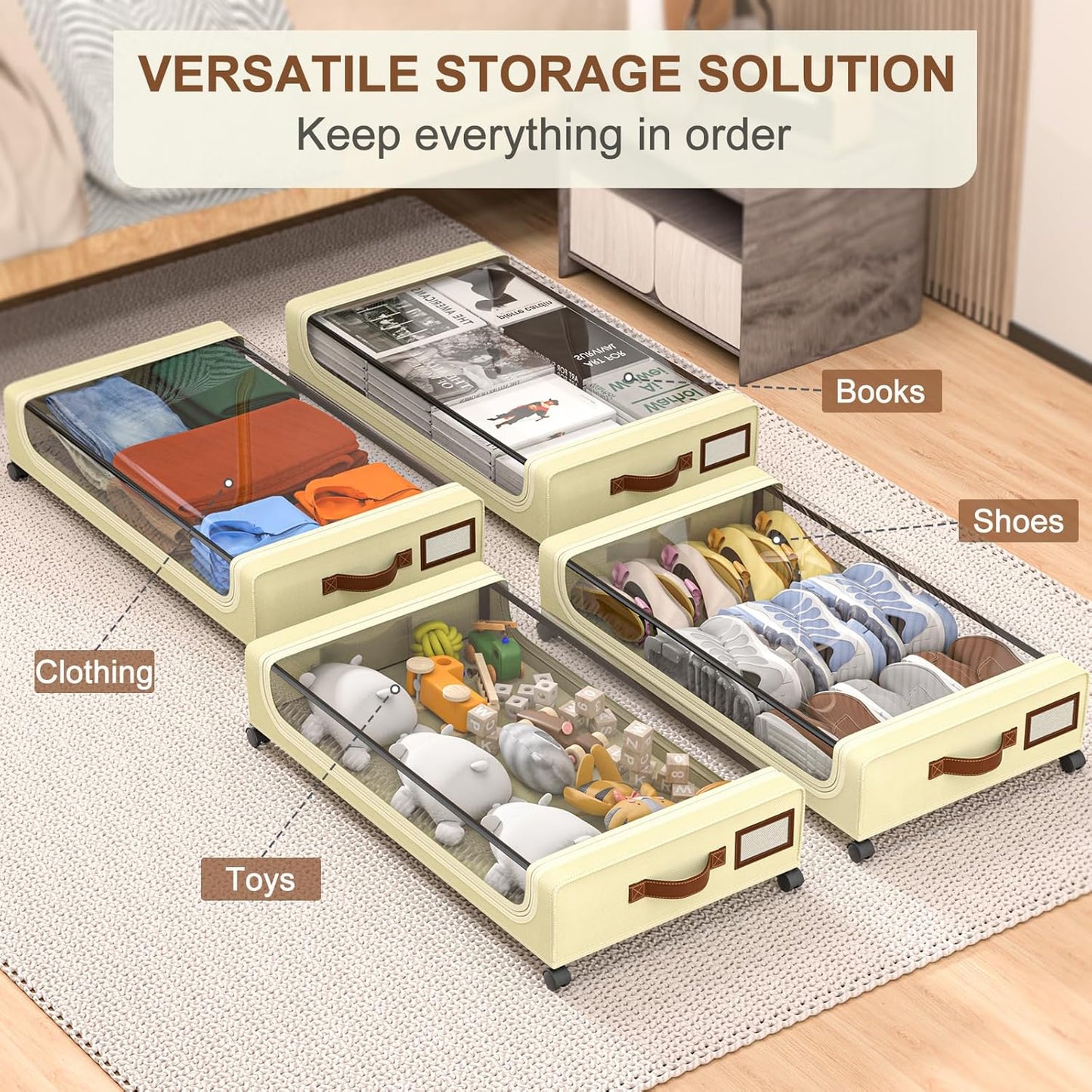 Under Bed Storage with Wheels, 2 Pack Under Bed Storage Containers, 60L Under Bed Shoe Storage with Clear Window & Label, Rolling Under Bed Metal Drawer for Clothes, Shoes,Toys, Books, Blankets