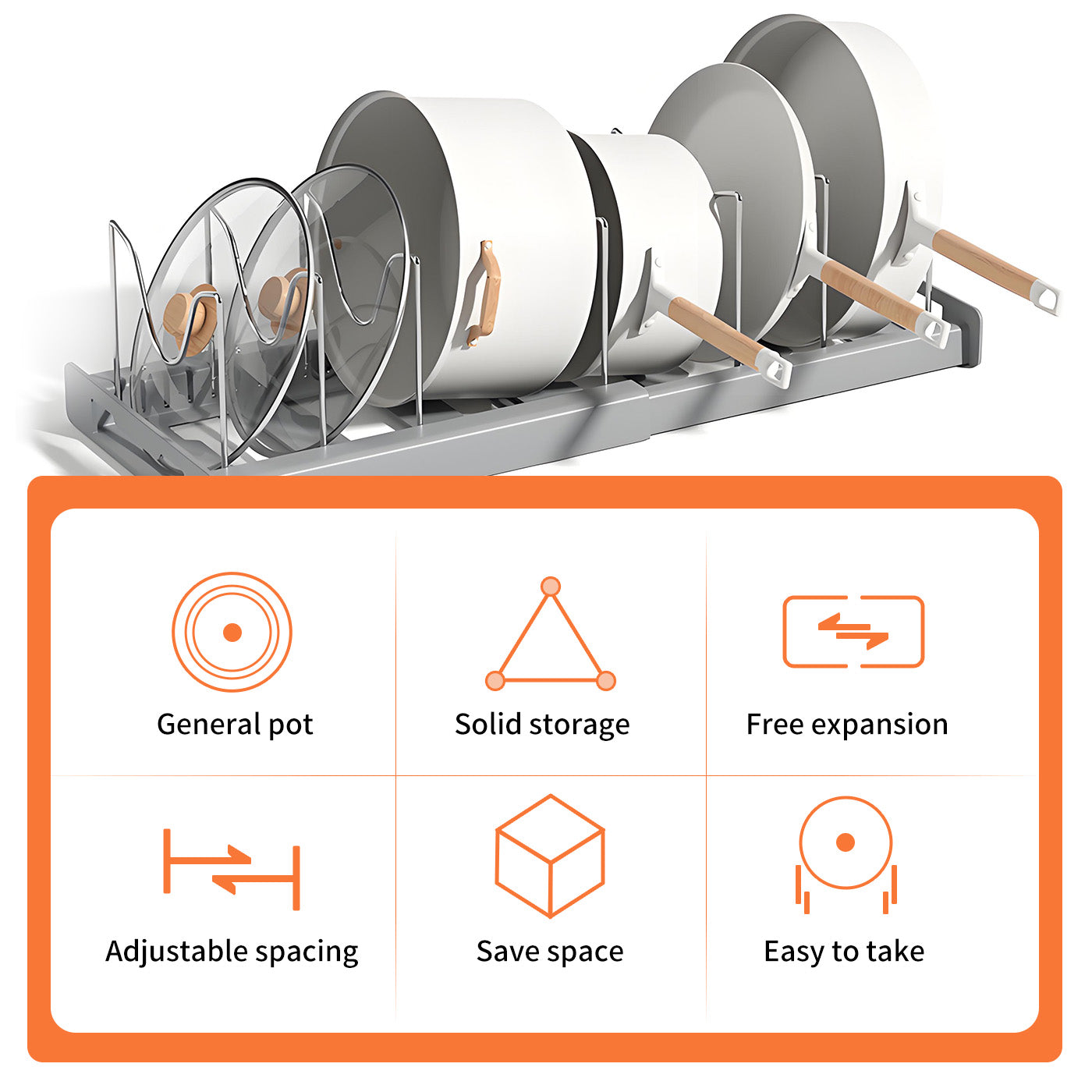 Expandable Pan Organizer with 12 Adjustable Shelves, Multifunctional Pots and Pans Organizer Rack for Kitchen Cabinets, Stainless Steel Pot Rack Lid Holder, Gray