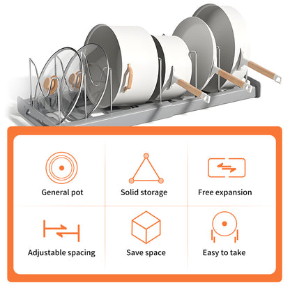 Expandable Pan Organizer with 12 Adjustable Shelves, Multifunctional Pots and Pans Organizer Rack for Kitchen Cabinets, Stainless Steel Pot Rack Lid Holder, Gray